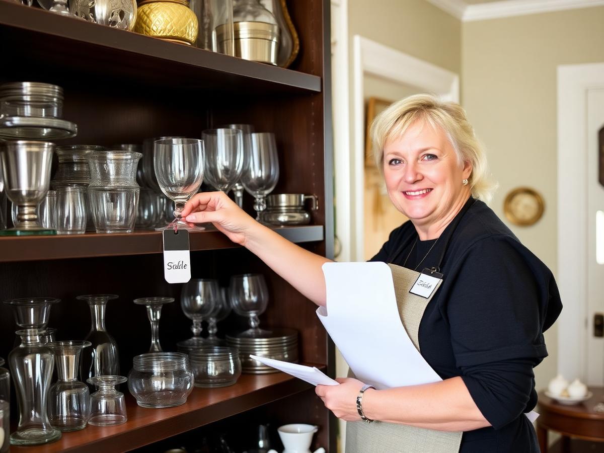 Estate sale team member tagging glassware on shelves during setup